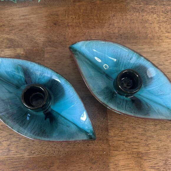 Vintage Blue Mountain Pottery Leaf Candle Holders Canadian Drip Glaze Midcentury - Picture 5 of 6